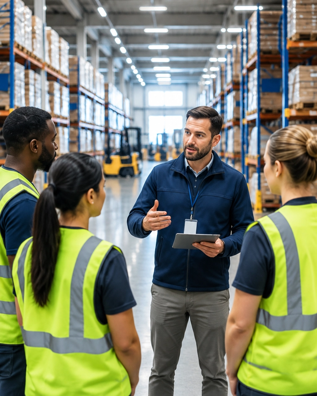 Warehouse supervisor briefing workers in hi-vis vests inside an organized distribution center
